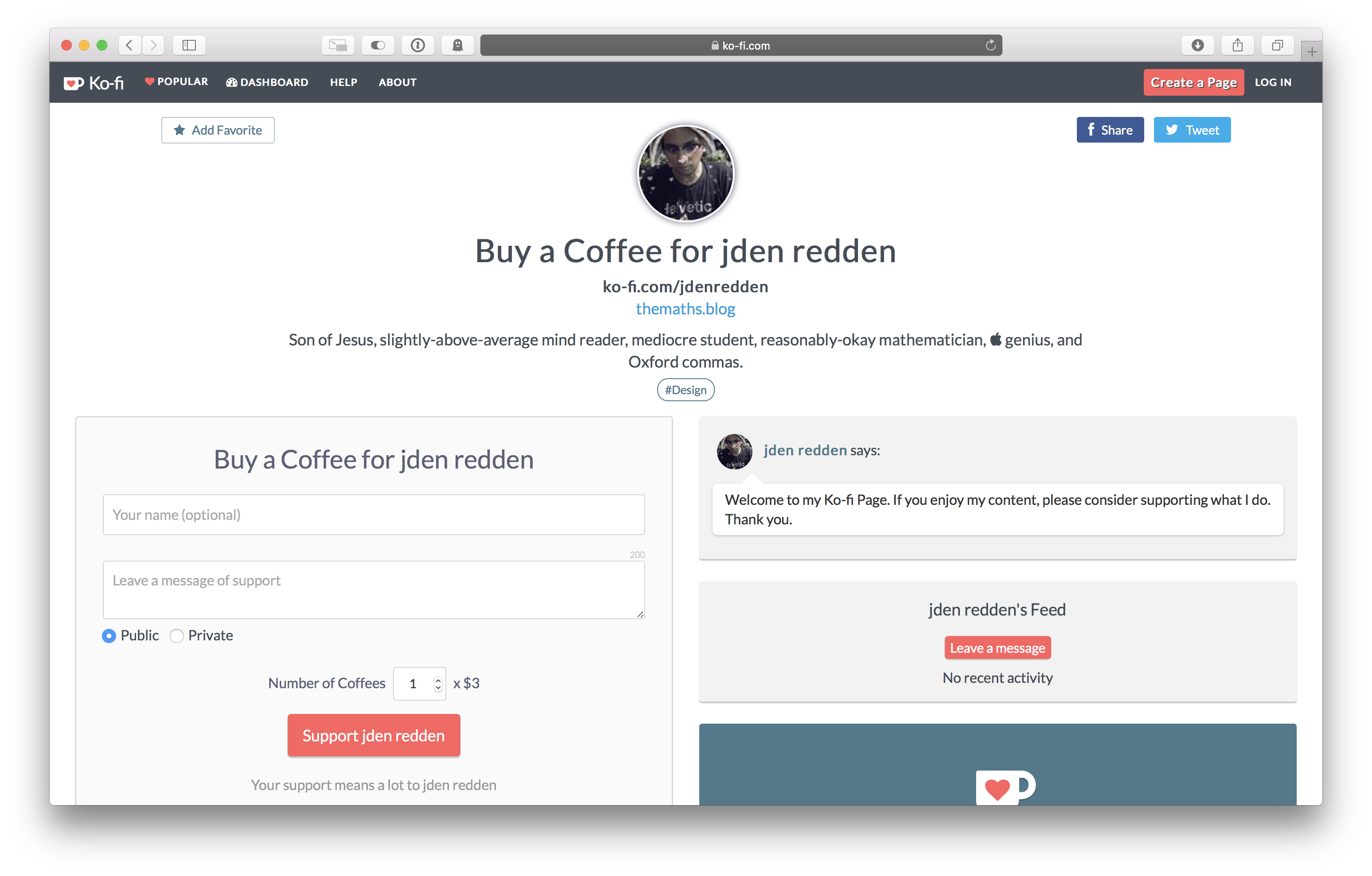 Screenshot of Ko-Fi profile